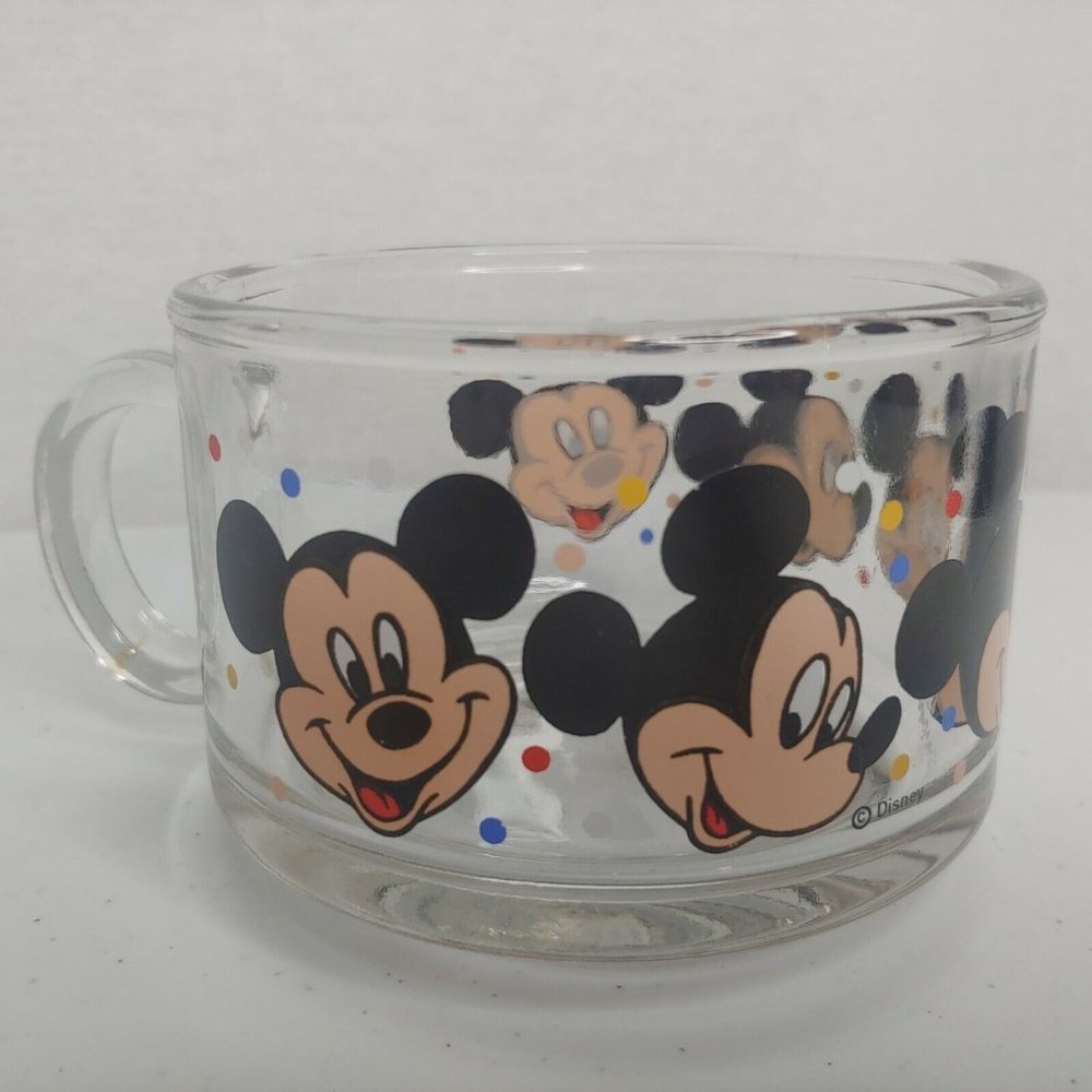 Vintage Disney Mickey Mouse Soup Bowl Clear Glass With Handle Mug Cup USA Kids